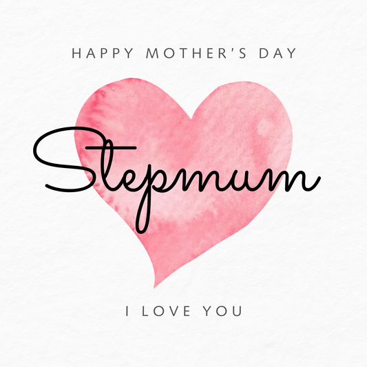 The design: simple pink watercolour love heart on white background. Text reads: "Happy Mother's Day Stepmum, I love you".