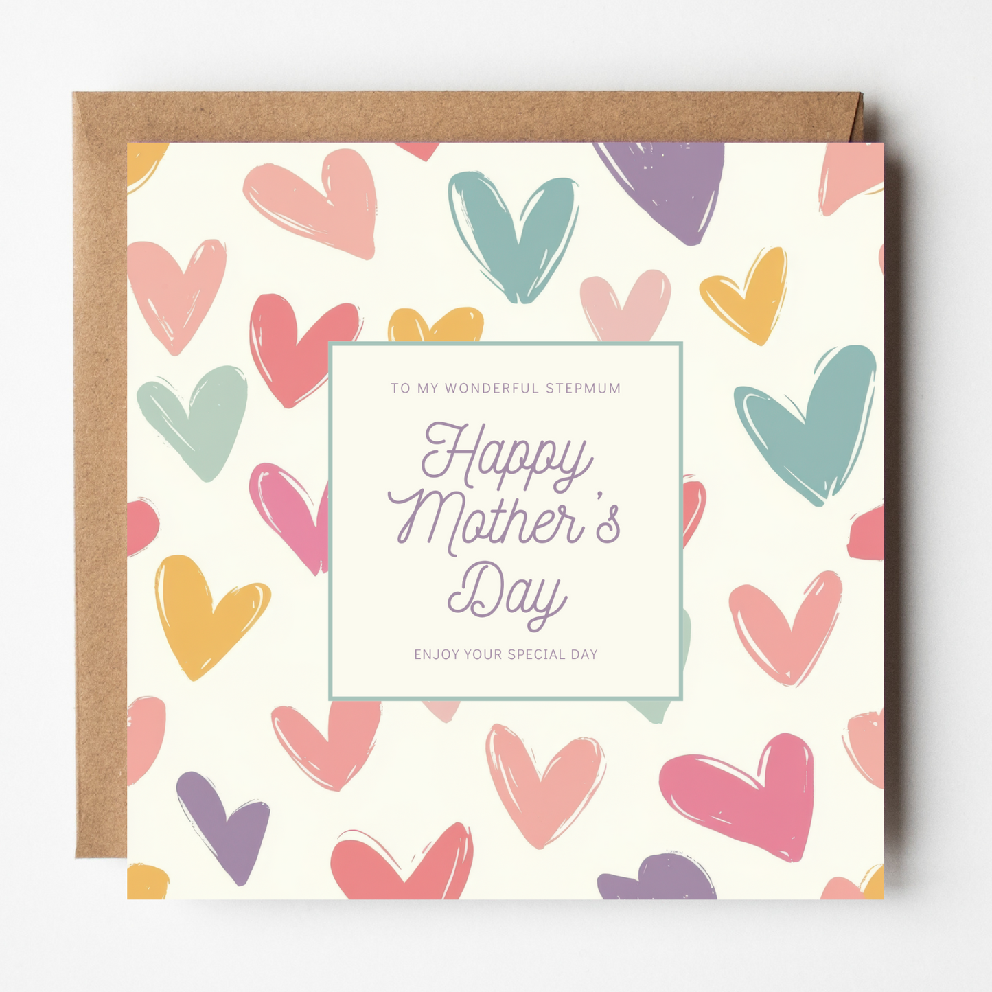 Card design: colourful pastel painted hearts. Text reads: "To my wonderful Stepmum, happy Mother's Day, enjoy your special day".