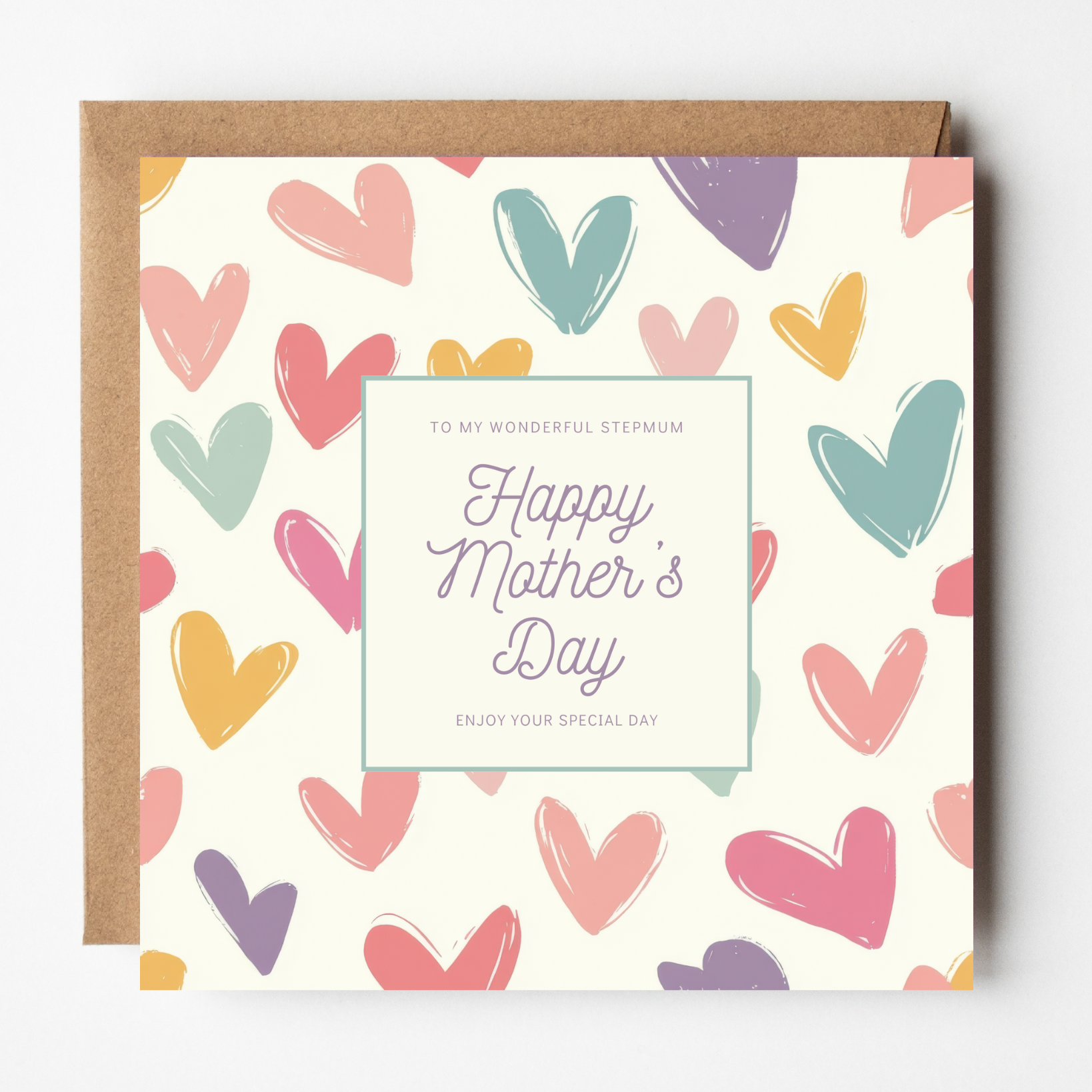Card design: colourful pastel painted hearts. Text reads: "To my wonderful Stepmum, happy Mother's Day, enjoy your special day".